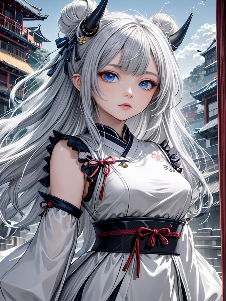 1girl, solo, long hair, breasts, looking at viewer, bangs, blue eyes, hair ornament, long sleeves, ribbon, medium breasts, closed mouth, hair ribbon, upper body, white hair, outdoors, detached sleeves, japanese clothes, horns, sky, day, pointy ears, cloud, hair bun, blue sky, lips, sash, double bun, obi, stairs, architecture, east asian architecture




,Movie Still,glass,more detail XL,IncrsNikkeProfile,pastel
