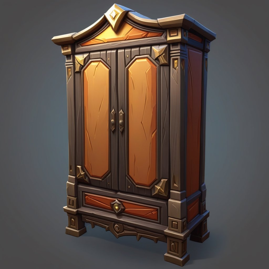 ((Hand Painted, Stylized, Cartoon, Game Prop, Concept Art, Stylized Textures, Hand Painted Textures, Cartoon, World of Warcraft style)), Stylized asset, Portrait, more detail XL, greg rutkowski, (world of warcraft style asset, artstation style, stylized station, 3d extrude style, flipped normals style), stylized prop,  cartoon, 3d, cartoon proportions (((clothes cabinet))), 