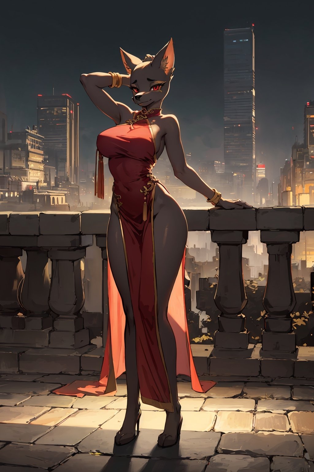 Uploaded on e621, by Pixelsketcher, by Bayard Wu, by Thomas Benjamin Kennington, by Einshelm, solo anthro, ((full body portrait)), (( wearing slited chinese dress)), (detailed Bonifasko lighting), (detailed fur), (detailed skin), ((wearing slited chinese dress )), ((facing viewer )), (cinematic lighting), ((detailed city background)), ((full body view)), (((portrait view))), ((full body)), (half shadow), [backlighting], [crepuscular ray], [detailed ambient light], [grey natural lighting], [ambient light], (higher wildlife feral detail), [sharp focus], (questionable content), (shaded), ((masterpiece), regular featureless breasts, breasts, furry, red eyes,Furry Fantasy Art, Anthro Art, Commission for High Res, Furry Art, furry Art, Sakimichan beautiful, masterpiece, regular featureless breasts, best quality, detailed image, bright colors, detailed face, perfect lighting, perfect shadows, perfect eyes, girl focus,red eyes, flawless face, regular featureless breasts, gorgeous, shiny face, face focus, furry girl, fluffy, fluffy woman, face fur, animal nose, muzzle, one-tone fur, gaze at the viewer, half-closed eyes, 1girl, solo, full face only, (masterpiece), (best quality), (illustration), (cinematic lighting), detailed fur, balanced coloring, global illumination, ray tracing, good lighting, furry, anthro, attractive face, sexy face, looking at viewer, seductive look, full body picture, perfect legs, Marlok artstyle,Marlok artstyle , beautiful girl ,hourglass body shape, posing, hands behind head,anubis