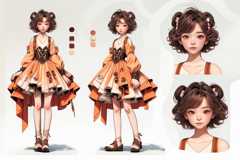 (1girl, cute girl:1.2, cos:1.2),(best quality, masterpiece, perfect face, clamp \(circle\)), full body, raytracing, blank_background, character_sheet, multiple views, brown hair, brown eyes, short hair, detailed cosplay clothes