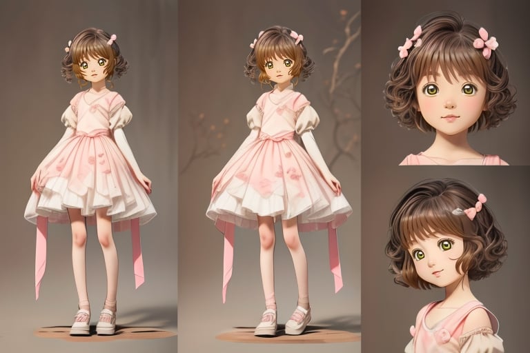 (1girl, loli:1.3,cute girl:1.2, cos:1.2),(best quality, masterpiece, perfect face, clamp \(circle\)), preteen girl, small tits, full body, raytracing, blank_background, character_sheet, multiple views, brown hair, brown eyes detailed, short hair, detailed romantic cosplay clothes