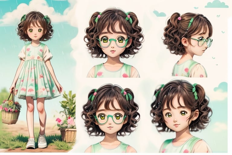 (1girl, loli:1.3,cute girl:1.2, cos:1.2),(best quality, masterpiece, perfect face), preteen girl, small tits, full body, raytracing, blank_background, character_sheet, multiple views, brown hair, brown eyes detailed, round eyewear, short hair, white and green cute clothes with rain clouds in the pattern,