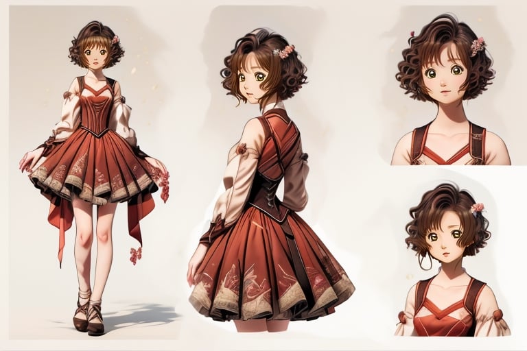 (1girl, cute girl:1.2, cos:1.2),(best quality, masterpiece, perfect face, clamp \(circle\)), full body, raytracing, blank_background, character_sheet, multiple views, brown hair, brown eyes detailed, short hair, detailed romantic cosplay clothes