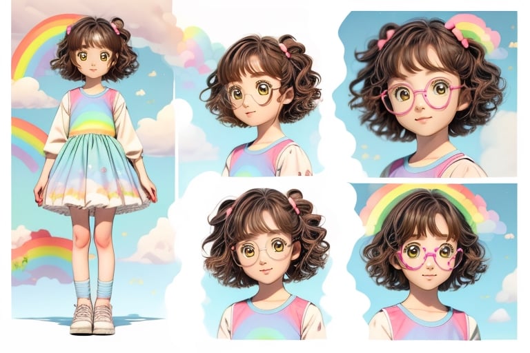 (1girl, loli:1.3,cute girl:1.2, cos:1.2),(best quality, masterpiece, perfect face), preteen girl, small tits, full body, raytracing, blank_background, character_sheet, multiple views, brown hair, brown eyes detailed, round eyewear, short hair, white and green cute clothes with clouds and rainbow in the pattern
