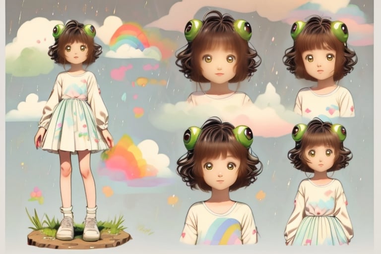 (1girl, loli:1.3,cute girl:1.2, cos:1.2),(best quality, masterpiece, perfect face), preteen girl, small tits, full body, raytracing, blank_background, character_sheet, multiple views, brown hair, brown eyes detailed, round eyewear, short hair, white and green cute clothes with clouds rain rainbow and small cartoon frogs in the pattern,<lora:659111690174031528:1.0>