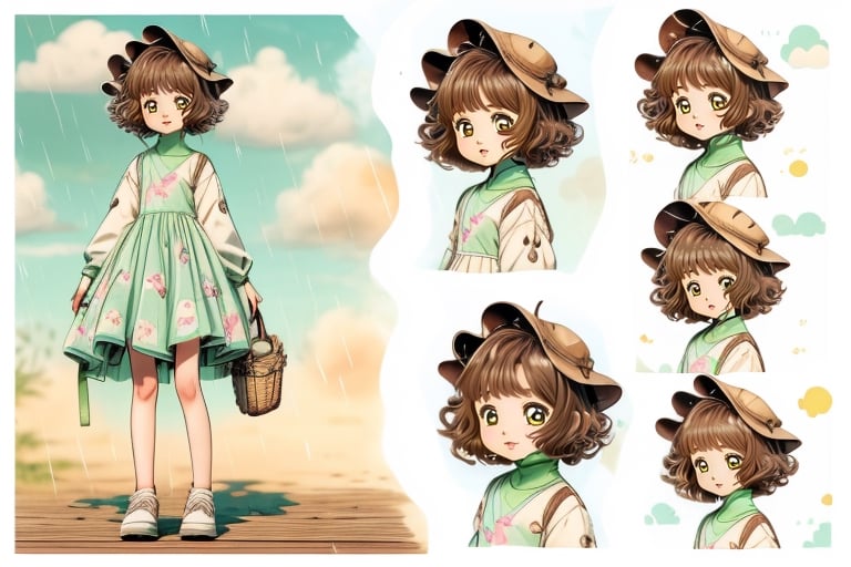 (1girl, loli:1.3,cute girl:1.2, cos:1.2),(best quality, masterpiece, perfect face, clamp \(circle\)), preteen girl, small tits, full body, raytracing, blank_background, character_sheet, multiple views, brown hair, brown eyes detailed, short hair, white and green cute clothes with rain clouds in the pattern,