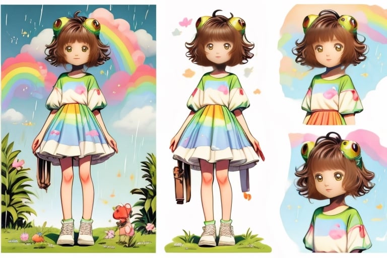(1girl, loli:1.3,cute girl:1.2, cos:1.2),(best quality, masterpiece, perfect face), preteen girl, small tits, full body, raytracing, blank_background, character_sheet, multiple views, brown hair, brown eyes detailed, round eyewear, short hair, white and green cute clothes with clouds rain rainbow and small cartoon frogs in the pattern,<lora:659111690174031528:1.0>