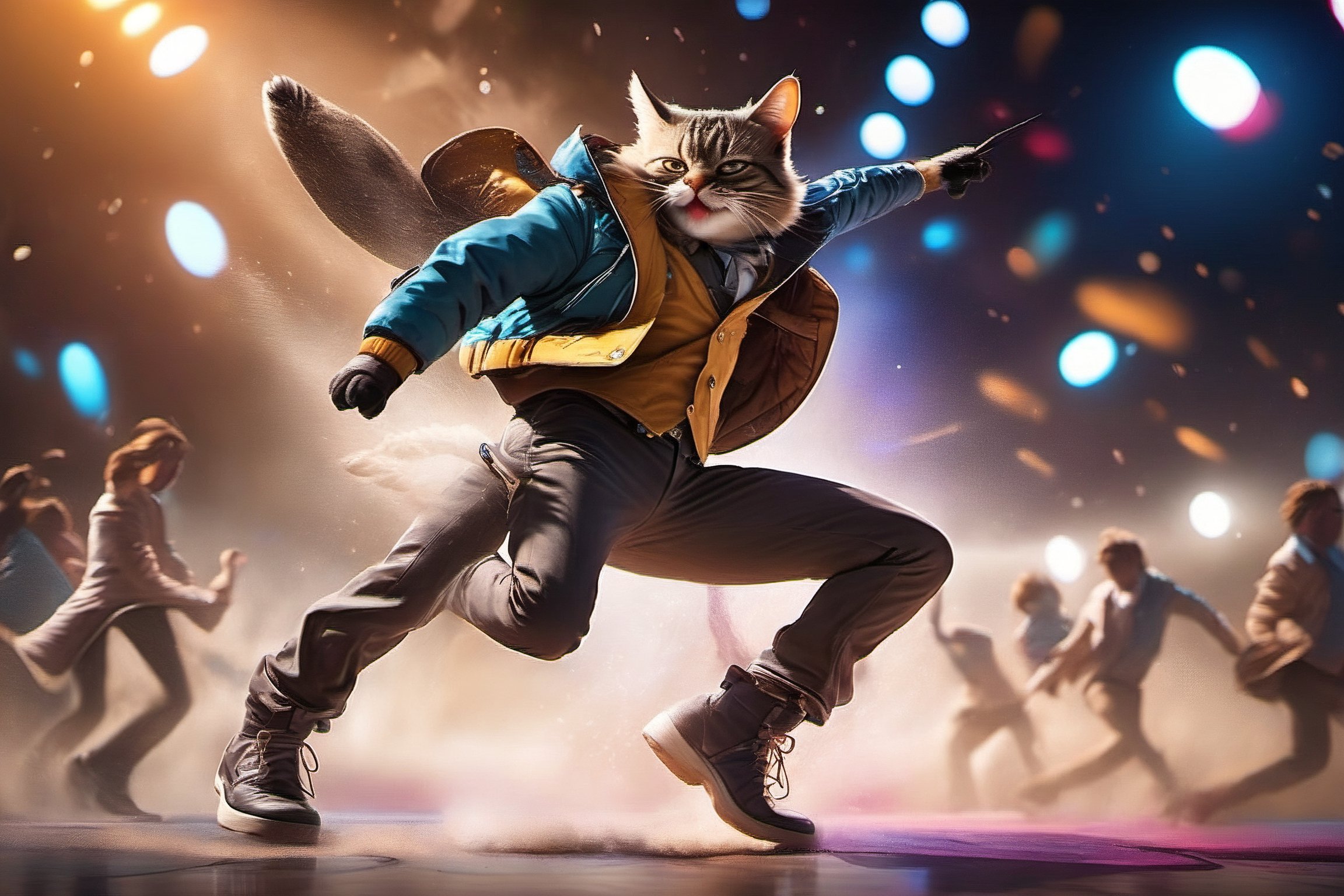 Real photo, a cool cat, wearing a jacket, singing with a guitar on his back, the background is the music stage, stage lighting, lighting atmosphere