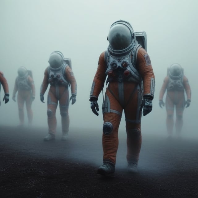 space wanderers, space conquerors, horrors of survival on a dangerous and gloomy Titan, fog, fear,
cinematically dynamic, excessive detail, close-up shot, in full growth