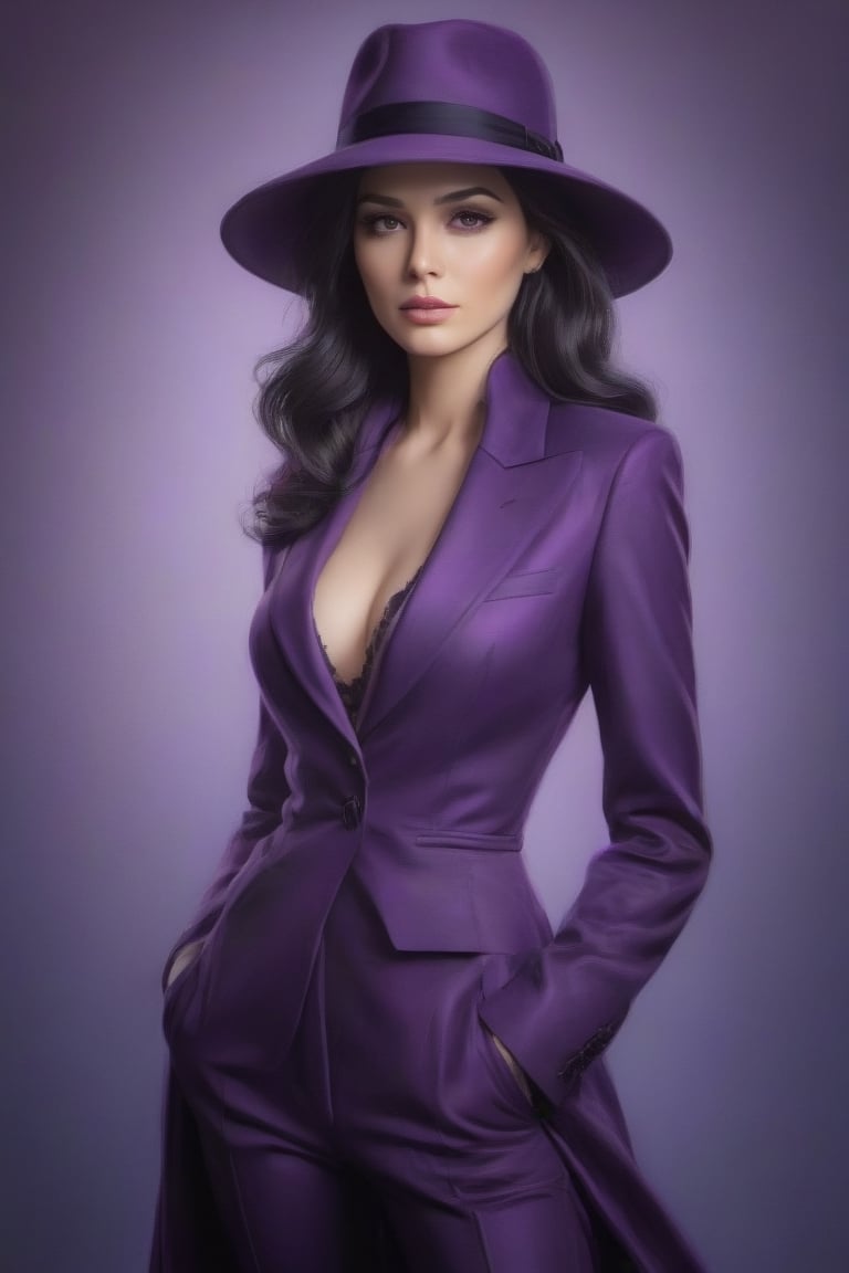 Stylized artwork combining Fantomas' fantasy sketches and oil. Elegant beautiful full-breasted woman in full-length purple jacket and purple pants, wearing a purple hat, with black hair, perfectly clean face with long eyelashes, soft pastel tones, soft radiance. Beautiful muted shades. Soft precise strokes, calligraphic lines. Attention to detail, dynamic power, complex, smooth, clear focus, minimalism., 3D rendering, cinematic, modern, vivid, oil painting, highly detailed and realistic skin texture, HDR, RAW. Photorealistic. Fine art.