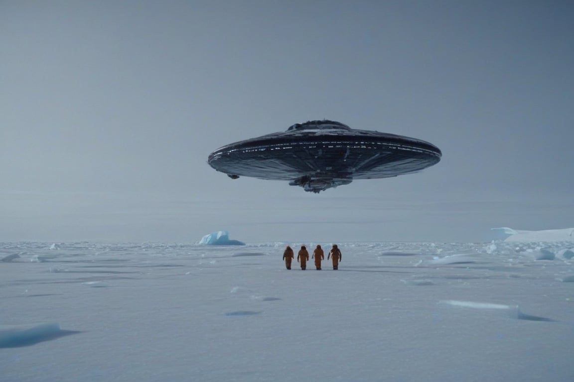  spaceship in a melting ice mass in Antarctica,crew wandering around,Movie Still