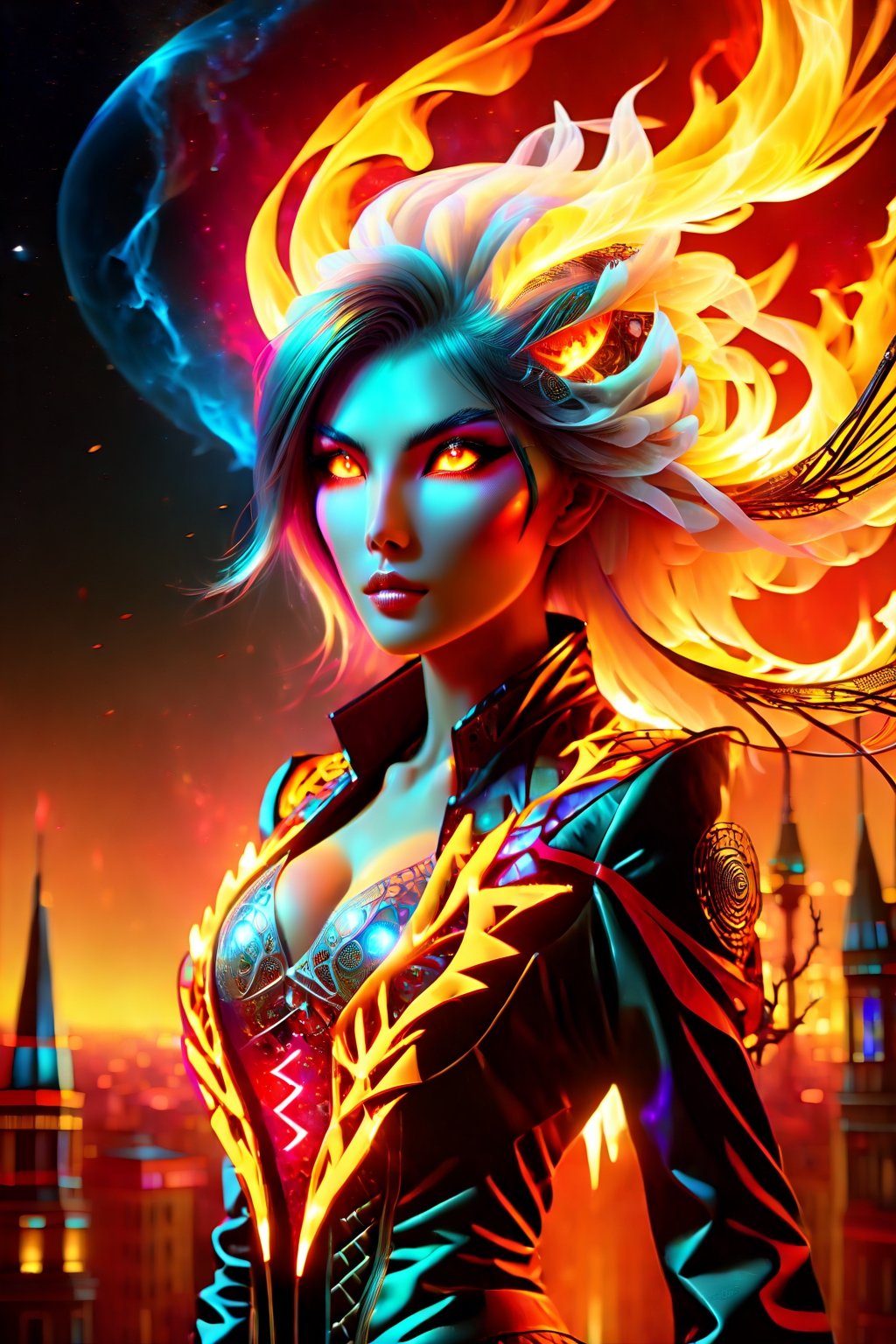 face of a beutiful girl, beutiful big lips, Beutiful female phonix rises from the ashes,sexy outfit of flames,  destrucktion around him, bright strong colors, perfection, sexy, female silhouet, fire spread,gloom, ((female)) ((masterpiece, best quality)), ultra detail, 8k, split diopter, ((Vaporwave aesthetic)), detailed background, (Anime Rage pose), anime style, realistic, photorealistic,(body:1.3), connecting, (sharp colors:1.3), (Infrared:1.2), ultra detailed, ((ultra sharp)), (surrealism:1.4), (disturbing:0.8), (full torso), (:1.2), ((intricate details)), dynamic pose, perfect face, (realistic eyes), perfect eyes, yellow eyes,echmrdrgn,DonM3l3m3nt4lXL, stars in backround sky,stworki, in the style of esao andrews,esao andrews style,shards, 3D SINGLE TEXT,veropeso,DonMB4nsh33XL ,Apoloniasxmasbox