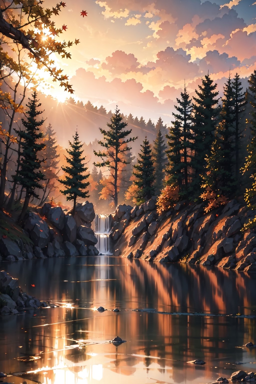 Landscape, sky, blurry, tree, autumn, water falls, river, stunning aesthetics, sunlight, majestic forest, beautiful and detailed image, reflection, sunset, 8k,detail,Detail,Detailed,Beautiful