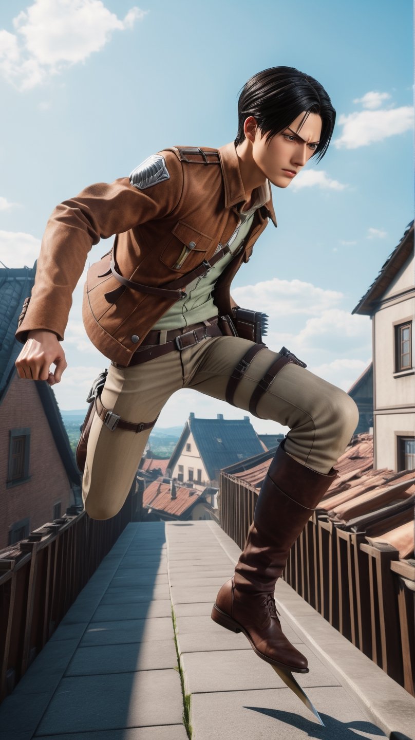 Levi Ackerman from attack on titan sliding using the 3D maneuver across the German style buildings with his sharp blade,mind blowing,((cinematic shot)), photo,4K,ultra realistic,RTX on,unreal engine 5,by Ben11, masterpiece, award winning, trending on artstation 