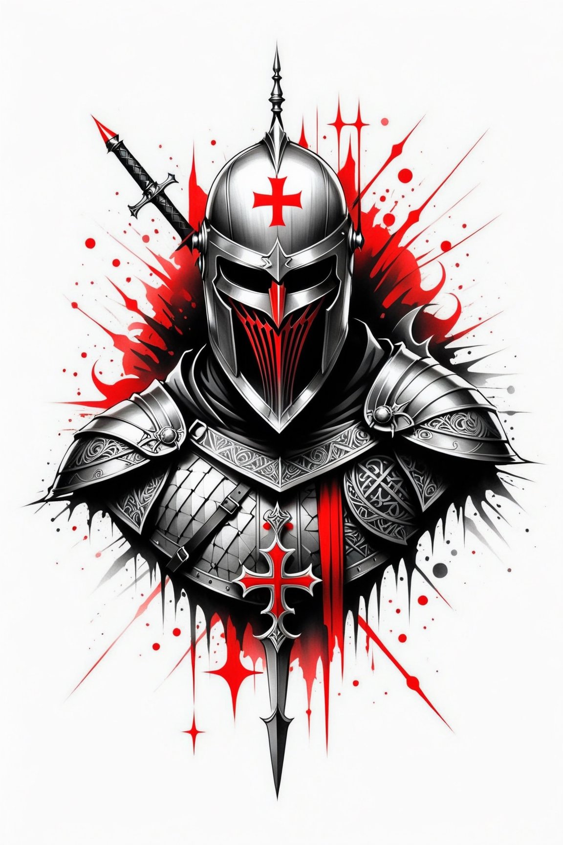lineart tattoo design, Knight Templar, geometric forms with red cross superimpossed, ((drawing lines)), drawing in black and withe, thick lines, filagree, realistic, silkscreen dot pattern in background, white background, monster, Leonardo Style,Pencil Draw,Fashion Illustration,Flat vector art,pencil sketch,1y0n