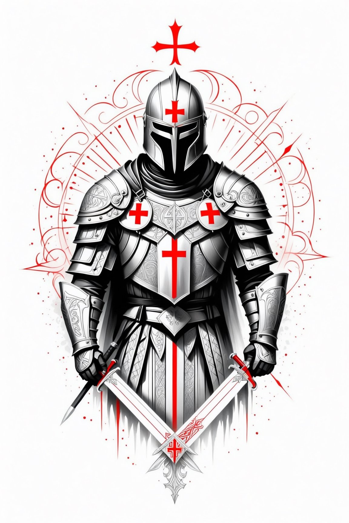 lineart tattoo design, Knight Templar, geometric forms with red cross superimpossed, ((drawing lines)), drawing in black and withe, thick lines, filagree, realistic, silkscreen dot pattern in background, white background, monster, Leonardo Style,Pencil Draw,Fashion Illustration,Flat vector art,pencil sketch