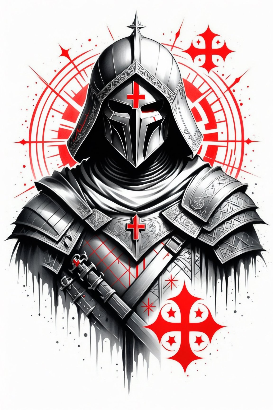 lineart tattoo design, Knight Templar, geometric forms with red cross superimpossed, ((drawing lines)), drawing in black and withe, thick lines, filagree, realistic, silkscreen dot pattern in background, white background, monster, Leonardo Style,Pencil Draw,Fashion Illustration,Flat vector art,pencil sketch