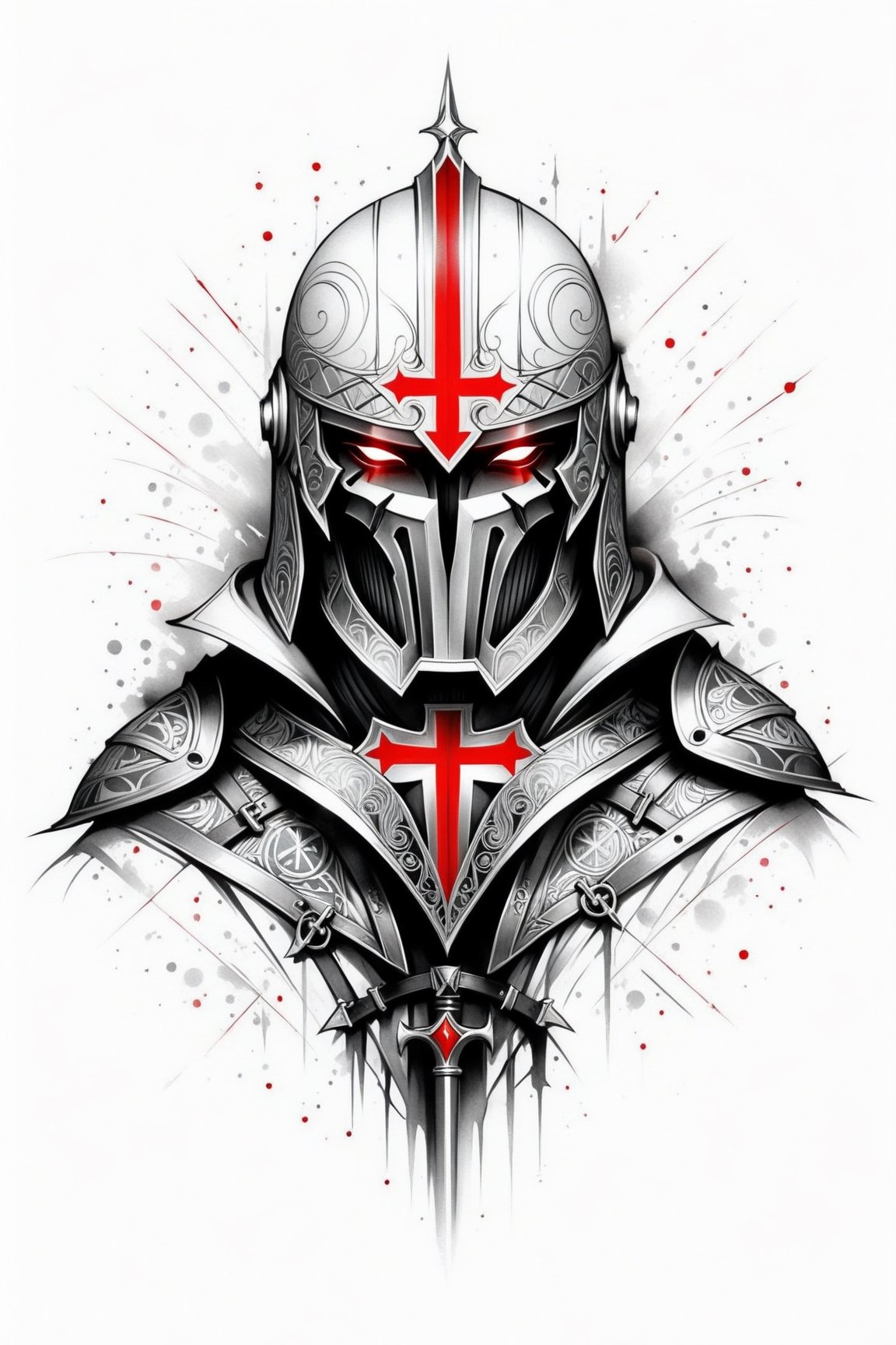 lineart tattoo design, Knight Templar, geometric forms with red cross superimpossed, ((drawing lines)), drawing in black and withe, thick lines, filagree, realistic, silkscreen dot pattern in background, white background, monster, Leonardo Style,Pencil Draw,Fashion Illustration,Flat vector art,pencil sketch,1y0n