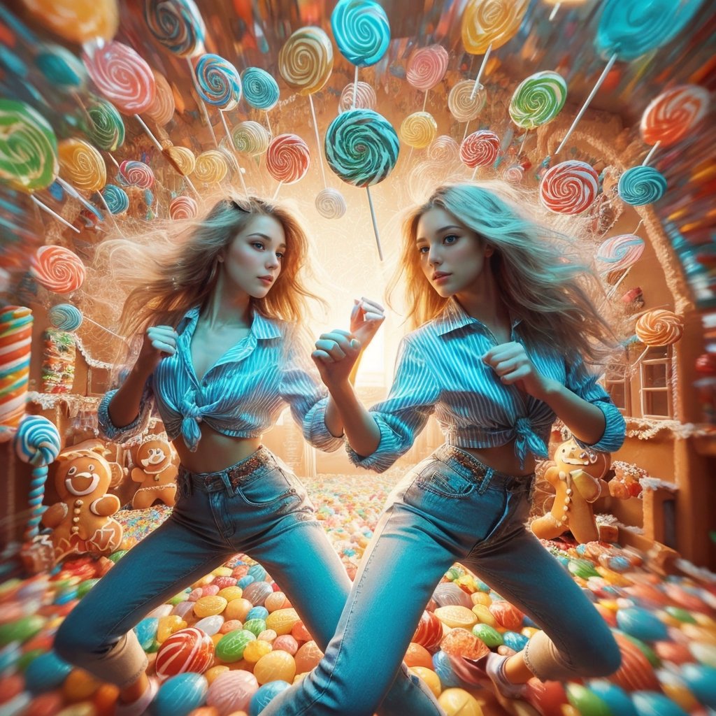 Realistic 8K resolution of multiple exposure photography featuring colorful lollipops floating in the air with extreme motion blur and twisted speed lines, 2 fashionable girls fighting, depicted in a full-body dynamic fighting stance. displaying exaggerated posture and movement, in candy world at gingerbread house. 
break, 
2 girls, Exquisitely perfect symmetric very gorgeous face, perfect breasts, Exquisite delicate crystal clear skin, Detailed beautiful delicate eyes, perfect slim body shape, slender and beautiful fingers, nice hands, perfect hands, perfect pussy, illuminated by vivid colors theme, film grain, realistic skin, dramatic lighting, soft lighting, exaggerated perspective of fisheye lens depth, 