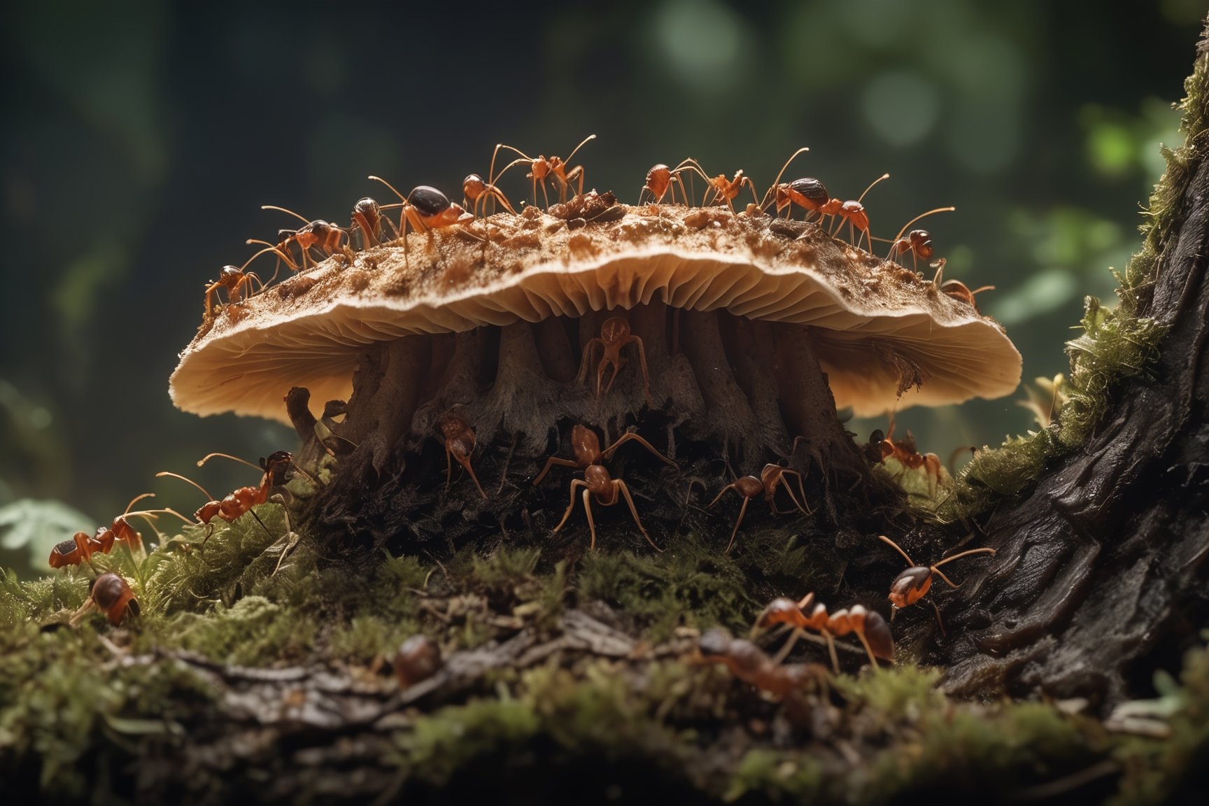 RAW photo,
A fungus invading an ant colony.

absurdres, masterpiece, award-winning photography, Volumetric lighting, extremely detailed, highest quality photo, RAW photo, 16k resolution, Fujifilm XT3, sharp focus, realistic texture