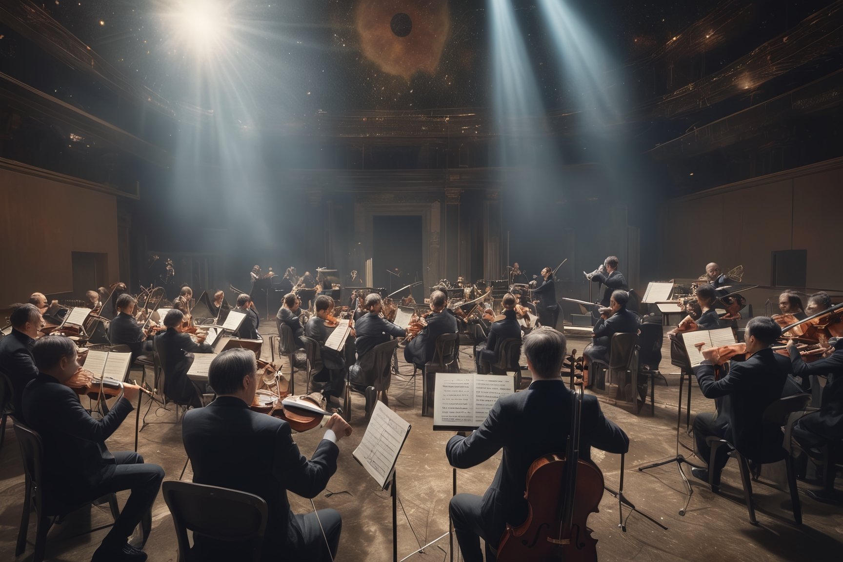 RAW photo,
An orchestra playing at the end of time. Cosmic vibe.

absurdres, masterpiece, award-winning photography, Volumetric lighting, extremely detailed, highest quality photo, RAW photo, 16k resolution, Fujifilm XT3, sharp focus, realistic texture