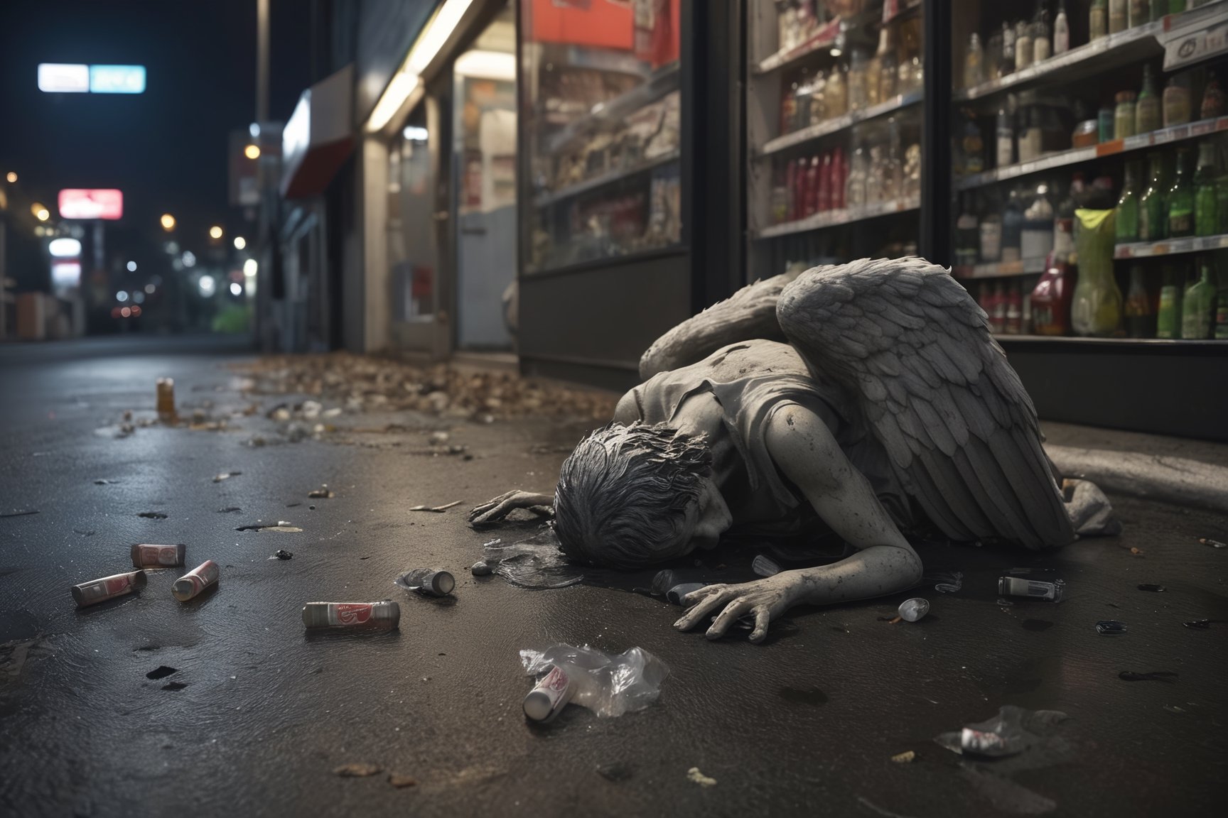 RAW photo,
A fallen angel, surrounded by empty bottles and litter, weeping outside a convenience store. Night. Despair, sadness, hopelessness, poverty.

absurdres, masterpiece, award-winning photography, Volumetric lighting, extremely detailed, highest quality photo, RAW photo, 16k resolution, Fujifilm XT3, sharp focus, realistic texture