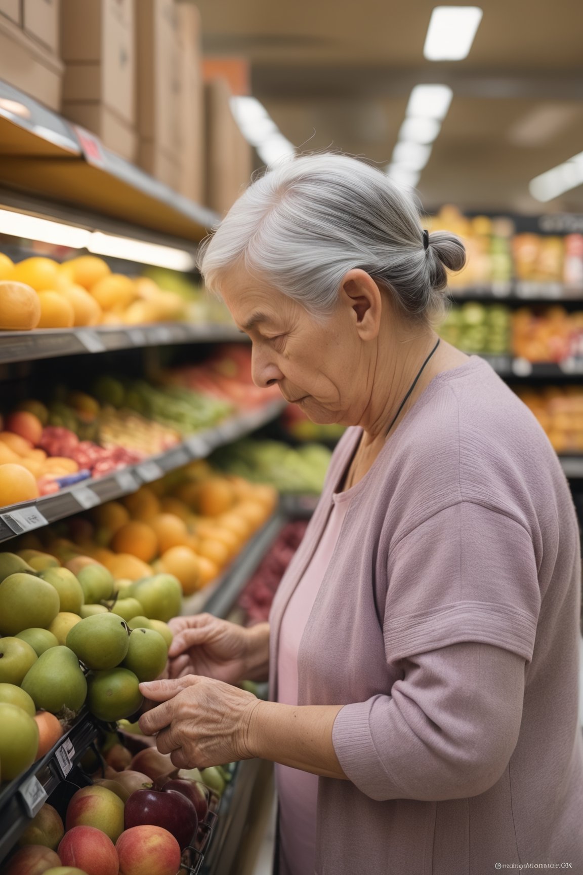 RAW photo,
A tired elderly woman choosing fruit at the grocery store.

absurdres, masterpiece, award-winning photography, Volumetric lighting, extremely detailed, highest quality photo, RAW photo, 16k resolution, Fujifilm XT3, sharp focus, realistic texture