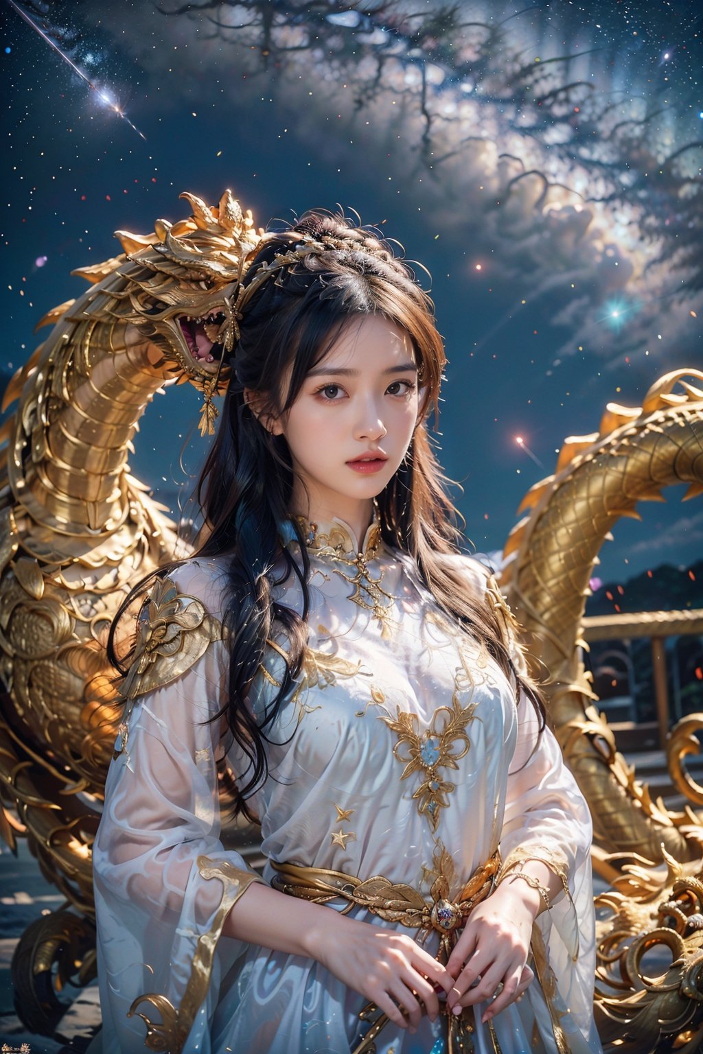 1girl,Emperor, long blue hair, blue armor, luminous magic, luminous golden dragon, starry sky, meteor,
,realistic,ao yem,