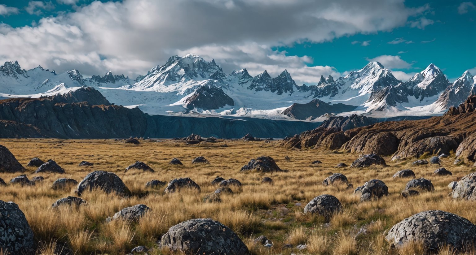 Plateau, grassland, wasteland, boulders, snowy mountains in the distance, lagoon (masterpiece), ((,real illustration style,)) static movie, ((realism: 1.2)), movie lighting, perfect framing, super detailed, full body, masterpiece, (best quality: 1.3), reflection, extremely detailed cg unity 8k wallpaper, detailed background, masterpiece, best quality, (masterpiece), (best quality: 1.4), (ultra high resolution: 1.2), (Surreal: 1.4), (Real: 1.2), Best Quality, High Quality, High Resolution, Perfect Eyes, LODBG