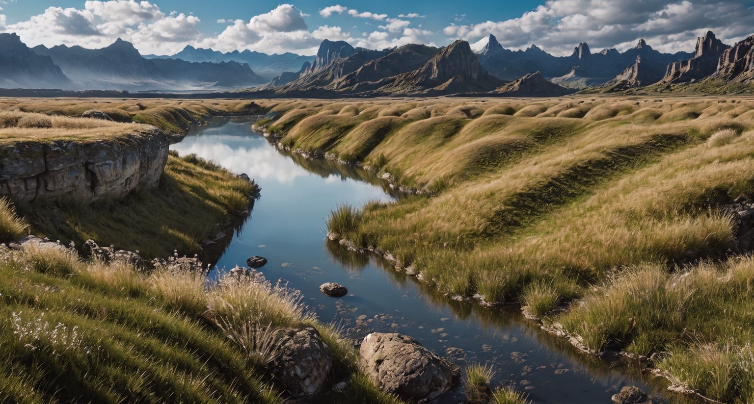 Plateau, grassland, wasteland, boulders, big river, wide river surface, (masterpiece), ((,real illustration style,)) static movie, ((realism: 1.2)), movie lighting, perfect framing, super detailed, full body, masterpiece, (best quality: 1.3), reflection, extremely detailed cg unity 8k wallpaper, detailed background, masterpiece, best quality, (masterpiece), (best quality: 1.4), (ultra high resolution: 1.2), (Surreal: 1.4), (Real: 1.2), Best Quality, High Quality, High Resolution, Perfect Eyes, LODBG