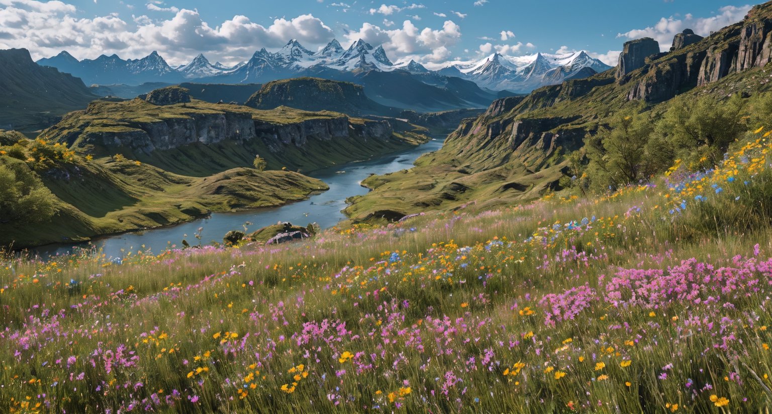 Plateau, grassland, wasteland, boulders, big river, wide river surface, beautiful wild flowers of different colors (masterpiece), ((,real illustration style,)) static movie, ((realism: 1.2)), movie lighting, perfect framing, super detailed, full body, masterpiece, (best quality: 1.3), reflection, extremely detailed cg unity 8k wallpaper, detailed background, masterpiece, best quality, (masterpiece), (best quality: 1.4), (ultra high resolution Rate: 1.2), (Surreal: 1.4), (Real: 1.2), Best Quality, High Quality, High Resolution, Perfect for the Eyes, LODBG