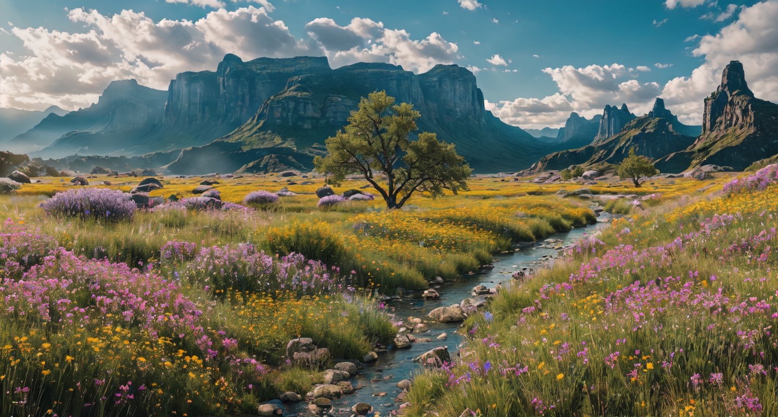 Plateau, grassland, wasteland, boulders, big river, wide river surface, beautiful wild flowers of different colors (masterpiece), ((,real illustration style,)) static movie, ((realism: 1.2)), movie lighting, perfect framing, super detailed, full body, masterpiece, (best quality: 1.3), reflection, extremely detailed cg unity 8k wallpaper, detailed background, masterpiece, best quality, (masterpiece), (best quality: 1.4), (ultra high resolution Rate: 1.2), (Surreal: 1.4), (Real: 1.2), Best Quality, High Quality, High Resolution, Perfect for the Eyes, LODBG