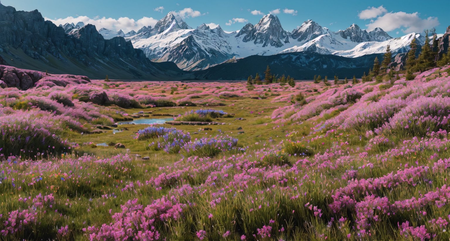 Plateau, grassland, wasteland, boulders, snowy mountains in the distance, lagoon, beautiful wild flowers of different colors (masterpiece), ((,real illustration style,)) static film, ((realism: 1.2)), movie lighting, perfect framing , ultra detailed, full body, masterpiece, (best quality: 1.3), reflection, extremely detailed cg unity 8k wallpaper, detailed background, masterpiece, best quality, (masterpiece), (best quality: 1.4), (ultra high Resolution: 1.2), (Superreal: 1.4), (Realistic: 1.2), Best Quality, High Quality, High Resolution, Perfect for the Eyes, LODBG