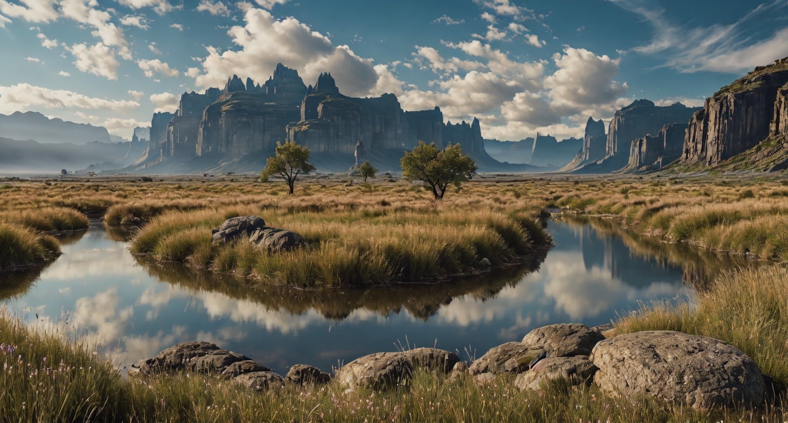 Plateau, grassland, wasteland, boulders, big river, wide river surface, (masterpiece), ((,real illustration style,)) static movie, ((realism: 1.2)), movie lighting, perfect framing, super detailed, full body, masterpiece, (best quality: 1.3), reflection, extremely detailed cg unity 8k wallpaper, detailed background, masterpiece, best quality, (masterpiece), (best quality: 1.4), (ultra high resolution: 1.2), (Surreal: 1.4), (Real: 1.2), Best Quality, High Quality, High Resolution, Perfect Eyes, LODBG