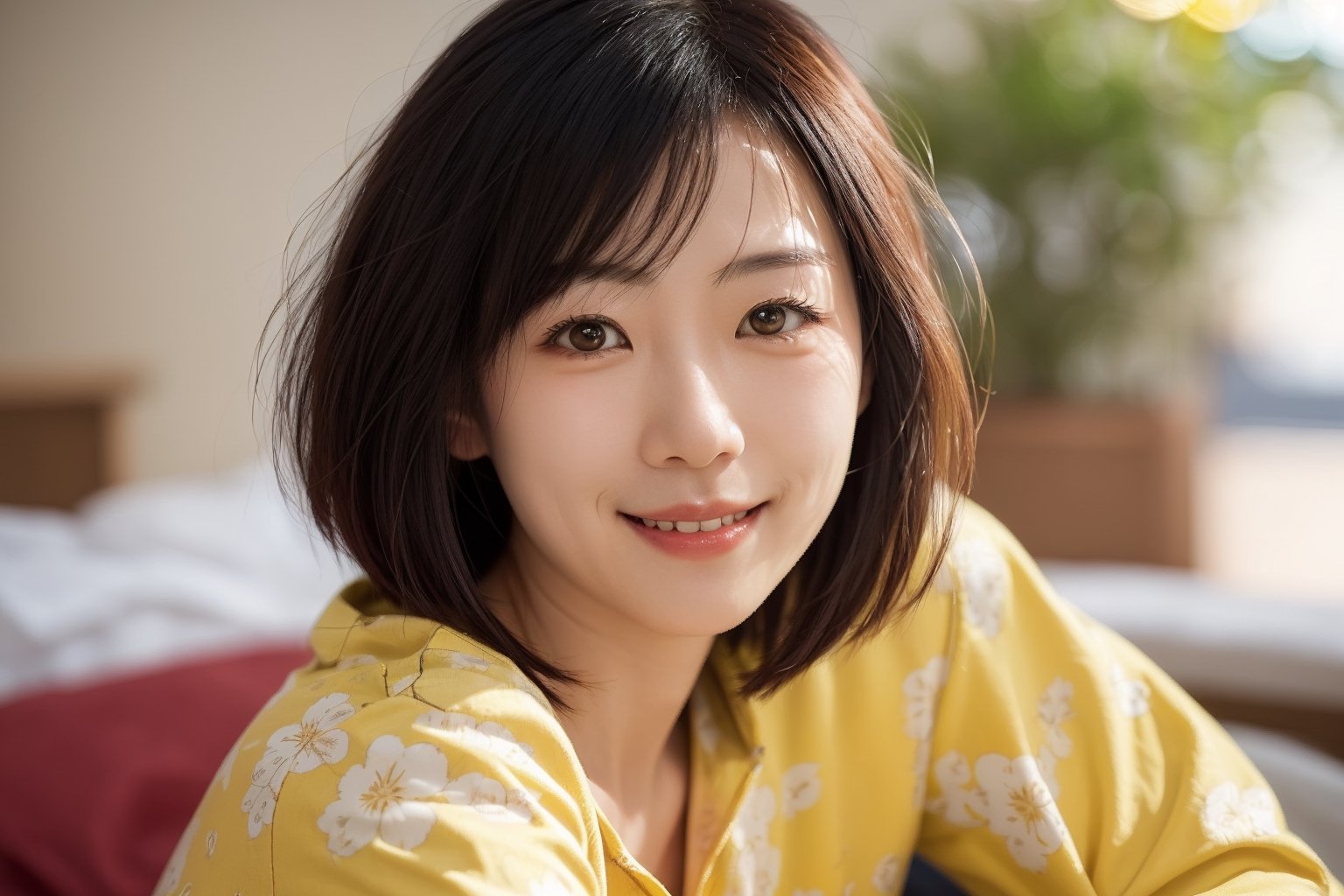 one japanese female tourist around 25 years old,  wearing yellow pajamas, (photorealistic:1.2),smirk, detailed asian facial features,  (depth of field, bokeh), warm indoor lighting, muted colors, bob cut,focus on face,look at viewer,close up