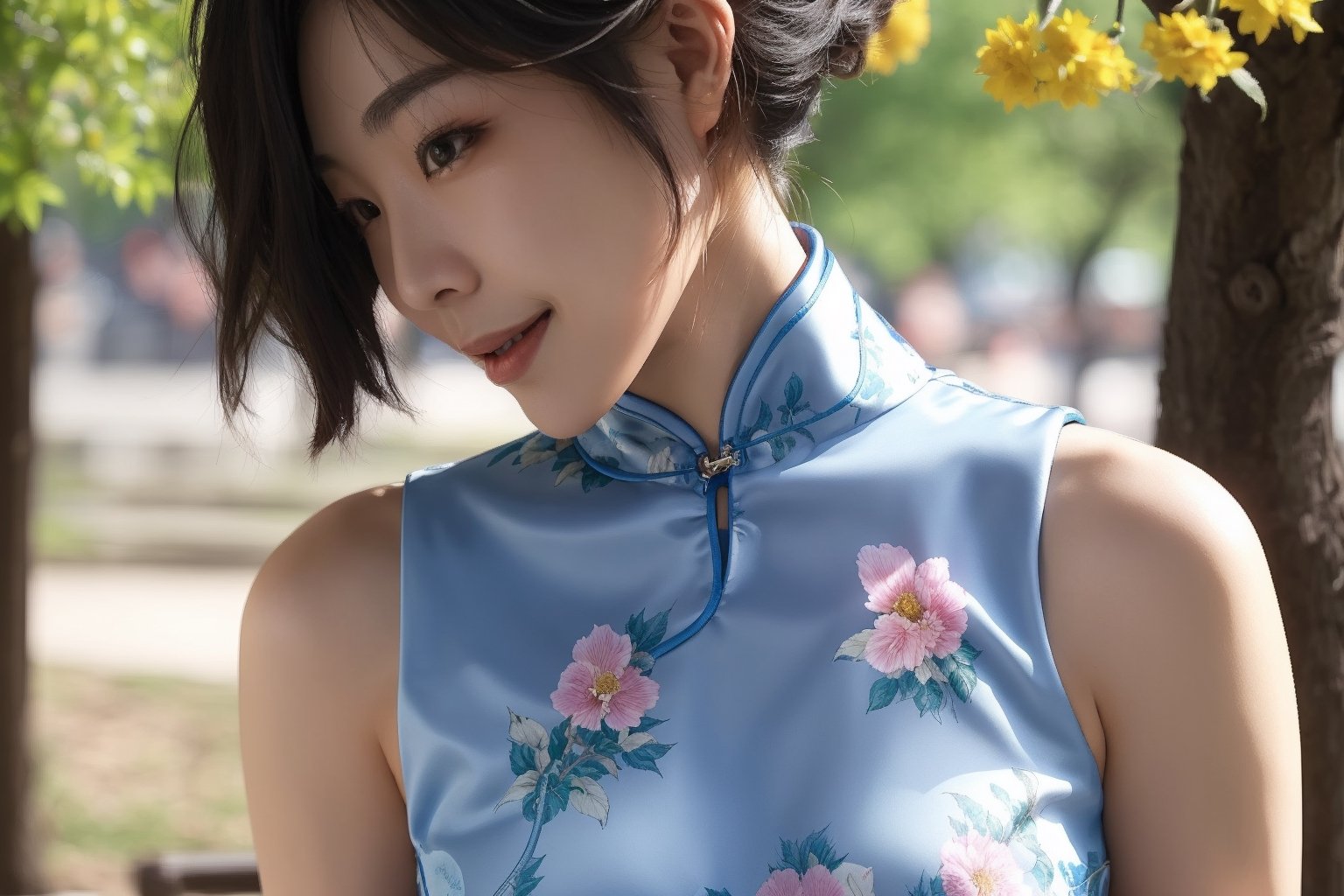 one japanese female tourist around 25 years old,A park full of flowers,sexy Perfect light,(photorealistic:1.1),  warm natural lighting,smirk, bob cut,focus on face, cheongsam dress, thin material,Fashion cheongsam,side view,close up