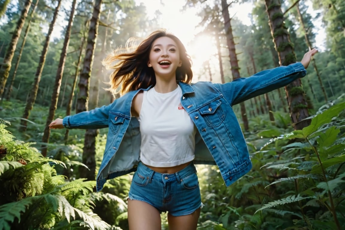 {{best quality}}, {{masterpiece}}, {{ultra-detailed}}, {illustration}, {detailed light}, {an extremely delicate and beautiful},A female traveler. She wore a white T-shirt with a blue denim jacket,  a pair of comfortable denim shorts, She jumped for joy in the forest, The camera shot the close -up lens of the face.