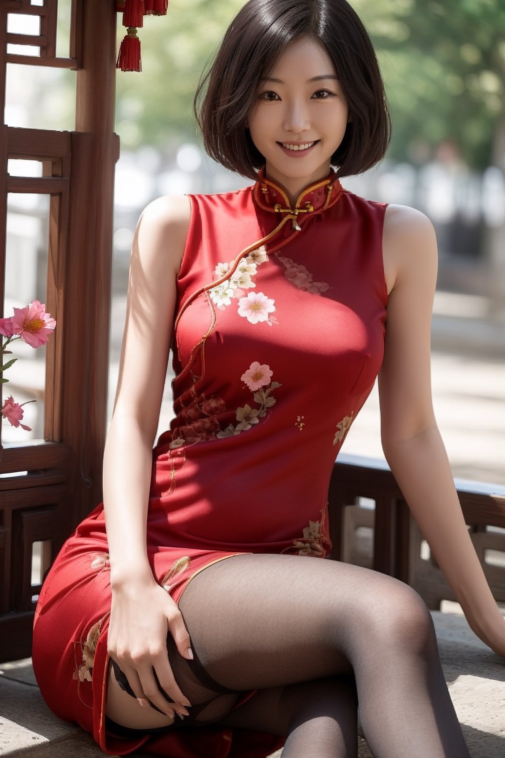 one japanese female tourist around 25 years old,A park full of flowers,black pantyhose, perfect body, long legs, sexy Perfect light,(photorealistic:1.1),  sexy posing, warm natural lighting,sitting_down,smirk, bob cut,focus on face, red cheongsam dress, thin material,Fashion cheongsam