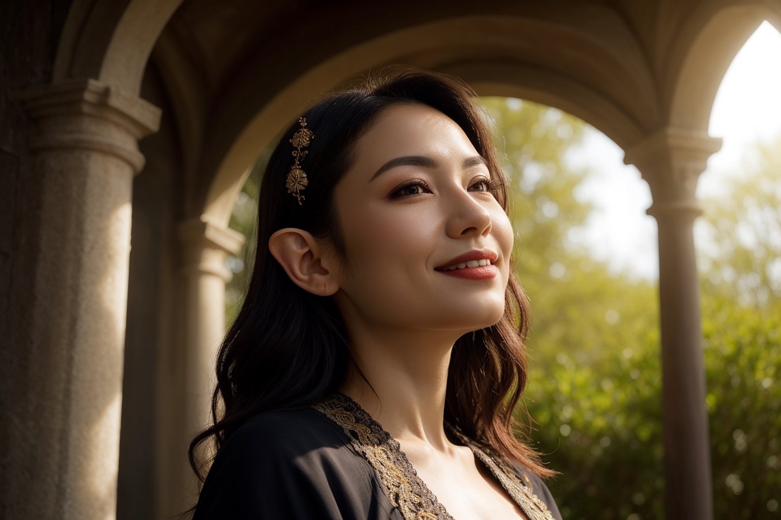 {{best quality}}, {{masterpiece}}, {{ultra-detailed}}, {illustration}, {detailed light}, {an extremely delicate and beautiful},There is a female elf with an oriental face. sun shines, Colourful gardens Dramatic light and color,open arms,Embrace,smirk,looking_at_viewer,(from below),close-up