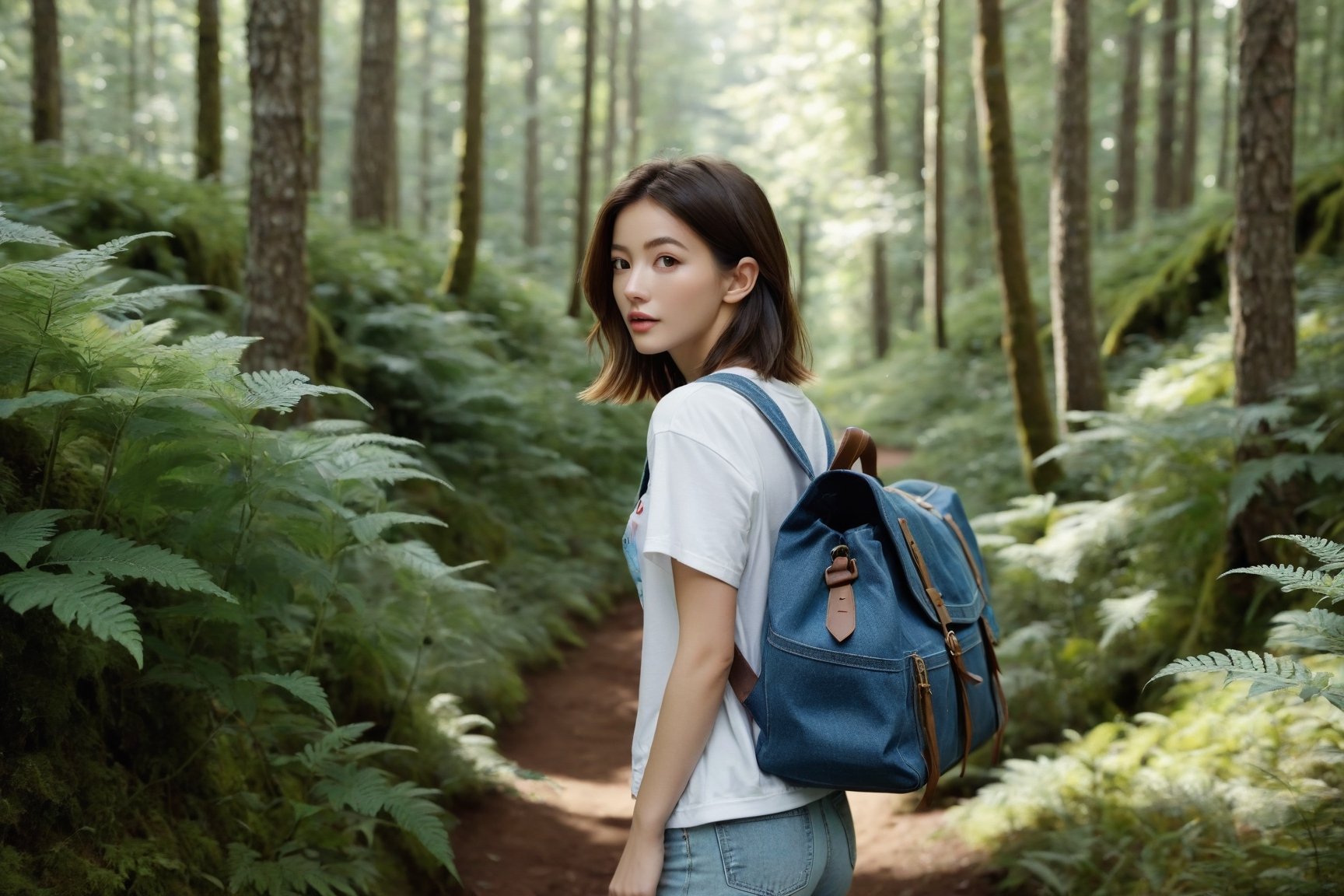 {{best quality}}, {{masterpiece}}, {{ultra-detailed}}, {illustration}, {detailed light}, {an extremely delicate and beautiful},A female traveler. She wore a white T-shirt with a blue denim jacket,  a pair of comfortable denim shorts, She was walking along a forest trail carrying a large duffel bag.
