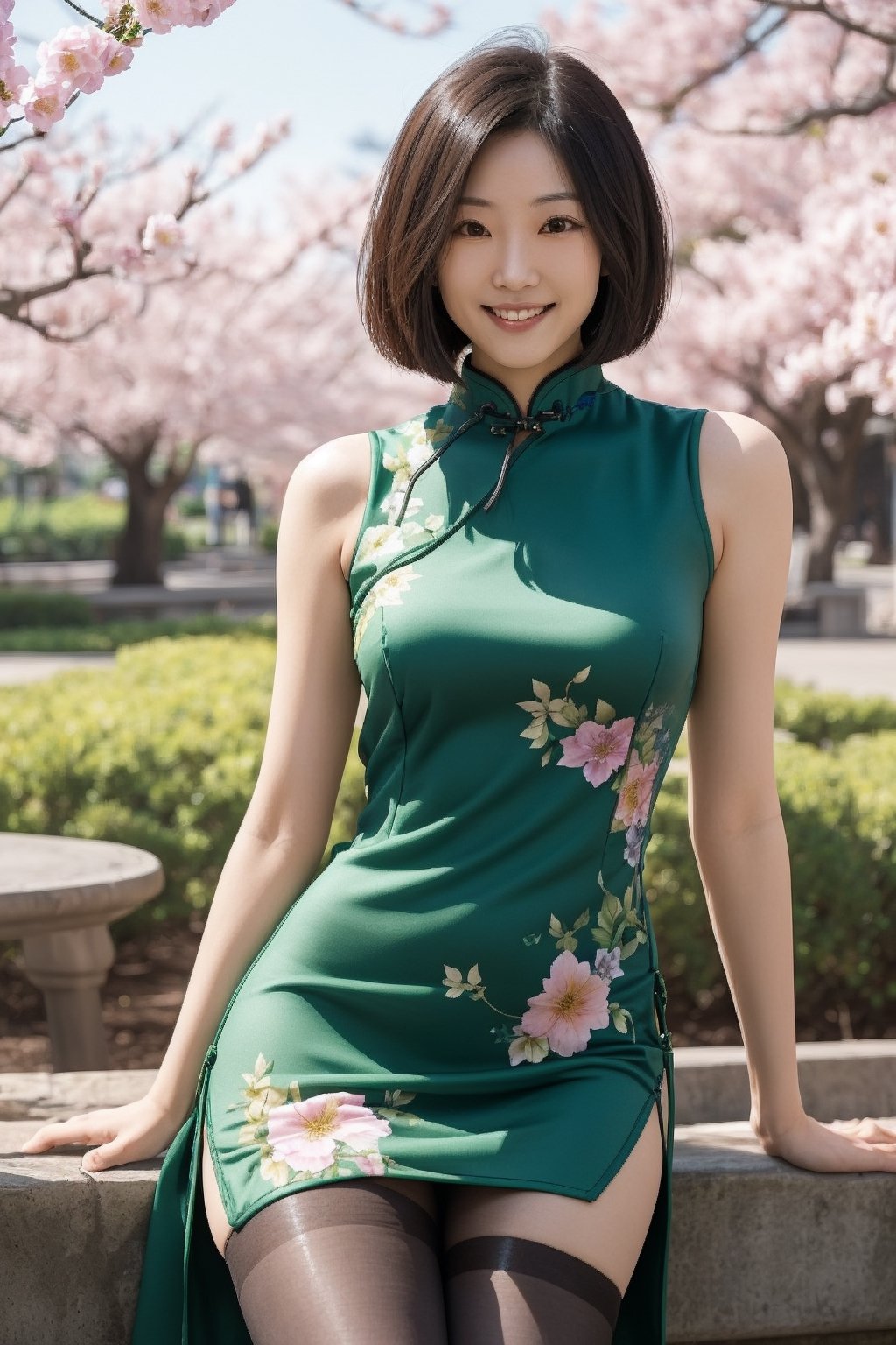 one japanese female tourist around 25 years old,A park full of flowers,black pantyhose, perfect body,slim legs, long legs, sexy Perfect light,(photorealistic:1.1),  sexy posing, warm natural lighting, smirk, bob cut,focus on face,green lining floral print dress,Fashion cheongsam