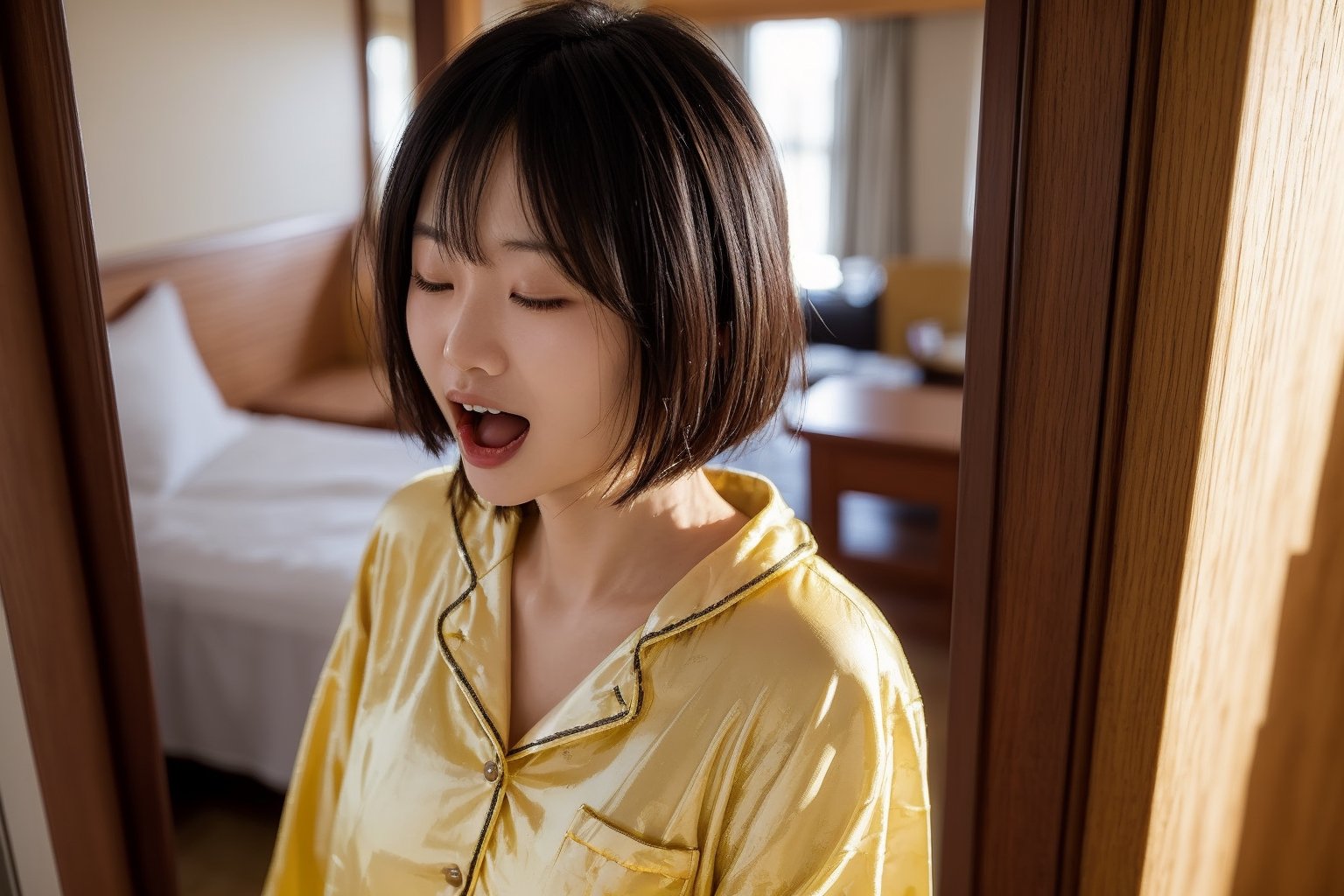one japanese female tourist around 25 years old,  wearing yellow pajamas, (photorealistic:1.2),Standing by the hotel room door, detailed asian facial features, messy bedhead hair,  (depth of field, bokeh), warm indoor lighting, muted colors, bob cut,focus on face,Close eyes, open mouth, yawning