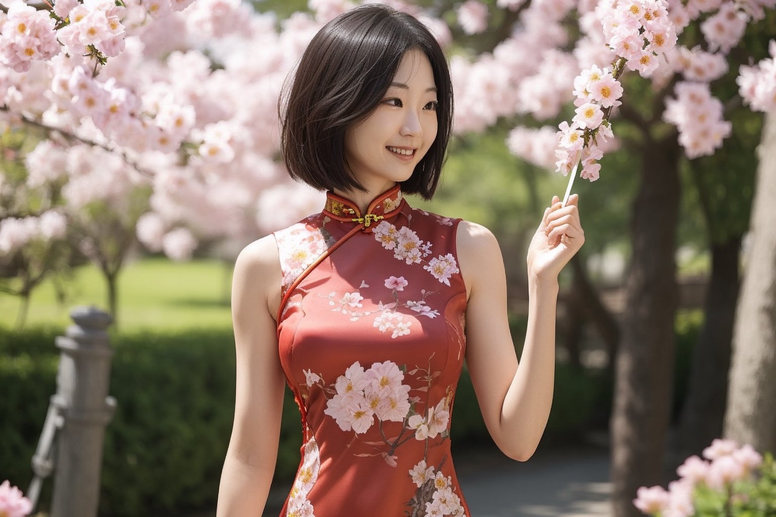 one japanese female tourist around 25 years old,A park full of flowers, perfect body, Perfect light,(photorealistic:1.1),  warm natural lighting,smirk, bob cut,focus on face, red cheongsam dress,side view,Holding a Chinese fan in hand