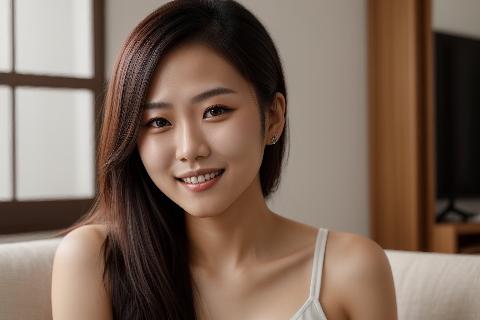 A 20-year-old Asian model,smile,look at viewer, living room, ,focus on face,photorealistic