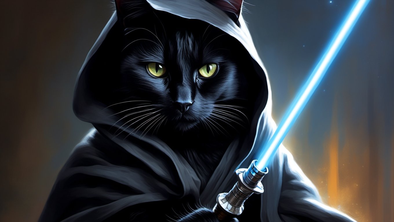 (blackcat:1.3), a master jedi cat, star wars, holding lightsaber, wearing a jedi cloak hood, photorealistic,blackcat,oil paint