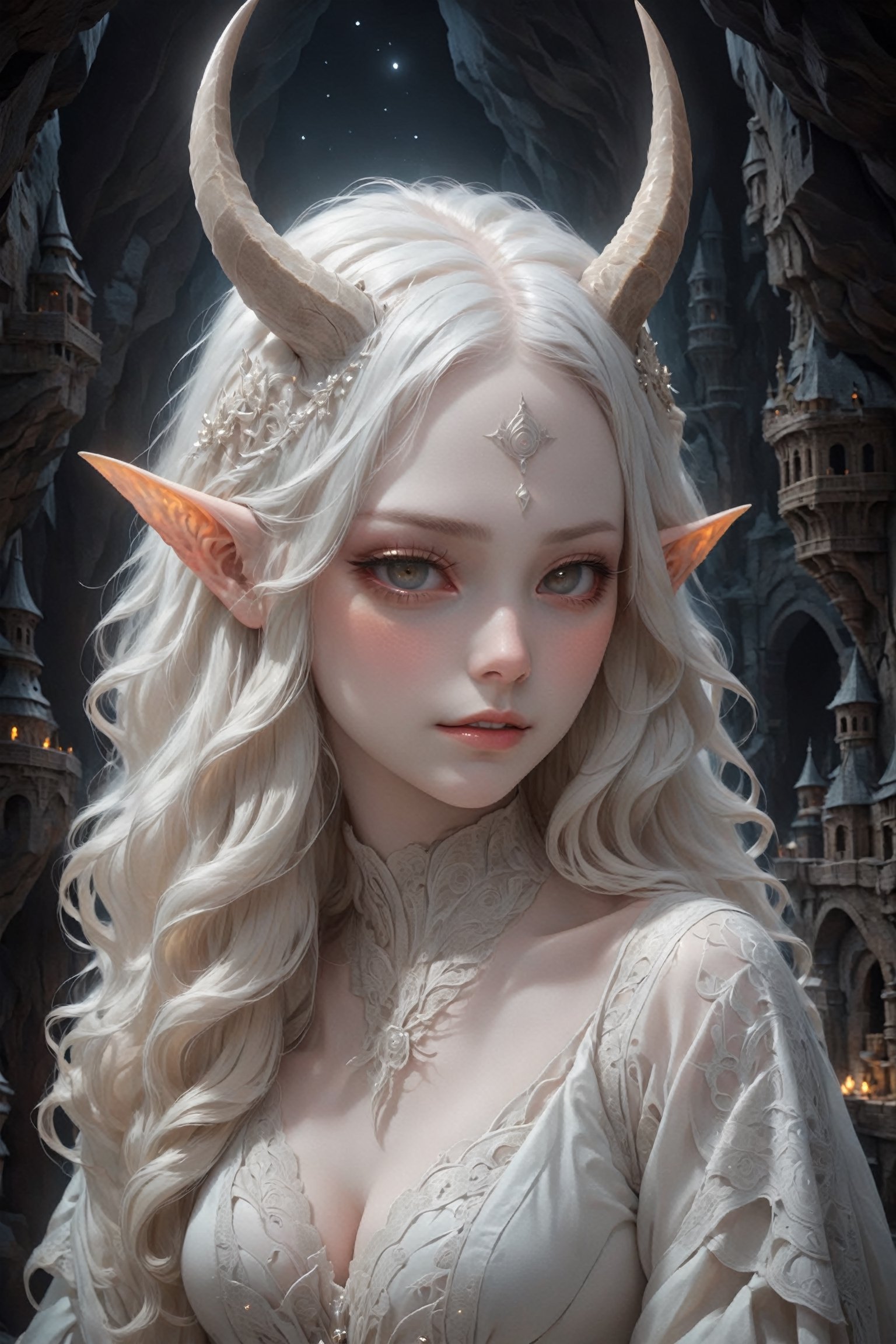 (upper body), (spiral intricate horns:1.2), sensual albino demon girl with enchantingly beautiful, alabaster skin, {{{naked breasts}}}, thinking, thoughtful, A benevolent smile, girl has beautiful deep eyes, soft expression, Depth and Dimension in the Pupils, Her porcelain-like white skin reflects an almost celestial glow, highlighting her ethereal nature, Every detail of her divine lace costume is meticulously crafted, adorned with jewels that sparkle with a divine radiance, mysterious smoky background, an aura of supernatural allure, ornate jewels, mesmerizing dance of light that enhances her divine presence, moonlit garden, mystical realm, the scene Illuminated  with soft enchanting light to accentuate the magical and mysterious atmosphere, goth person, realistic, Wonder of Art and Beauty, ghost person,ghost person,F41Arm0rXL ,DonMM4g1cXL ,Dwarven City