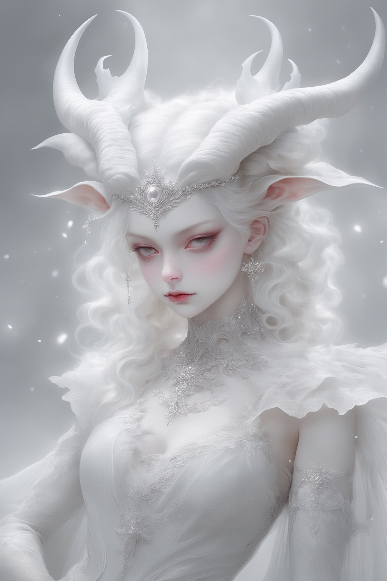 (full body),(long intricate horns:1.2), albino demon girl with enchantingly beautiful, alabaster skin,
A benevolent smile, girl has Beautiful deep black eyes, soft expression, Depth and Dimension in the Pupils,
Her porcelain-like white skin reflects an almost celestial glow, highlighting her ethereal nature, Every detail of her divine lace costume is meticulously crafted, adorned with jewels that sparkle with a divine radiance,

Capture the subtle intricacies of the lacework, emphasizing the delicate patterns that complement her unearthly features. From the curve of her horns to the flowing elegance of her dress, every aspect contributes to an aura of supernatural allure. The jewels, carefully placed, create a mesmerizing dance of light that enhances her divine presence,

Consider the composition to portray her in a setting that complements her celestial beauty, whether it's a moonlit garden or a mystical realm, Illuminate the scene with soft, enchanting light to accentuate the magical and mysterious atmosphere,The overall goal is to evoke a sense of wonder and captivation, celebrating the unique and transcendent beauty of this albino demon girl,
,goth person