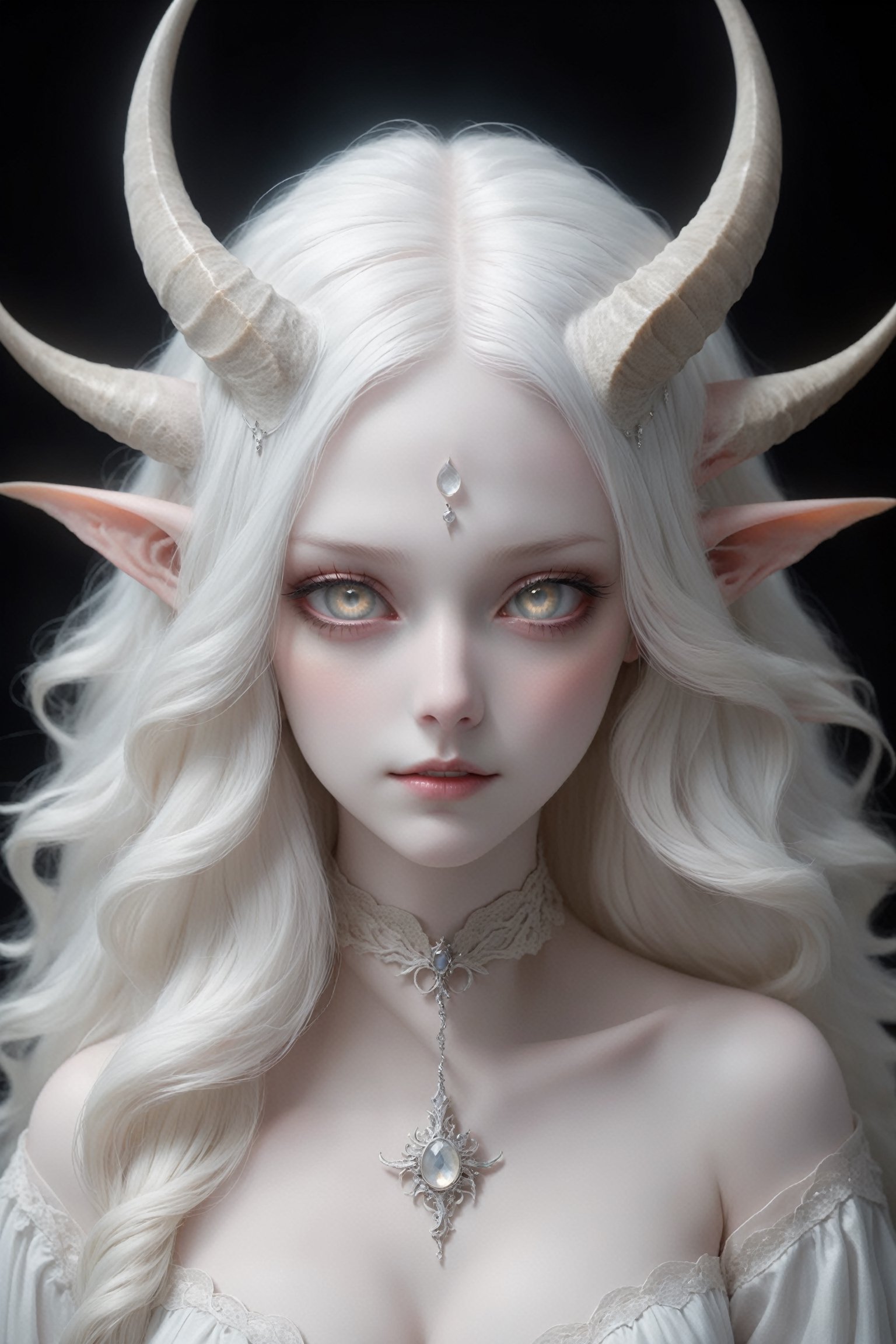 (upper body), (long intricate horns:1.2), sensual albino demon girl with enchantingly beautiful, alabaster skin, {{{naked breasts}}}, thinking, thoughtful, A benevolent smile, girl has beautiful deep eyes, soft expression, Depth and Dimension in the Pupils,  Her porcelain-like white skin reflects an almost celestial glow, highlighting her ethereal nature, ornate jewels, the scene is Illuminated with soft enchanting light to accentuate the magical and mysterious atmosphere, goth person, realistic, Wonder of Art and Beauty, ghost person,ghost person,F41Arm0rXL ,DonMM4g1cXL 