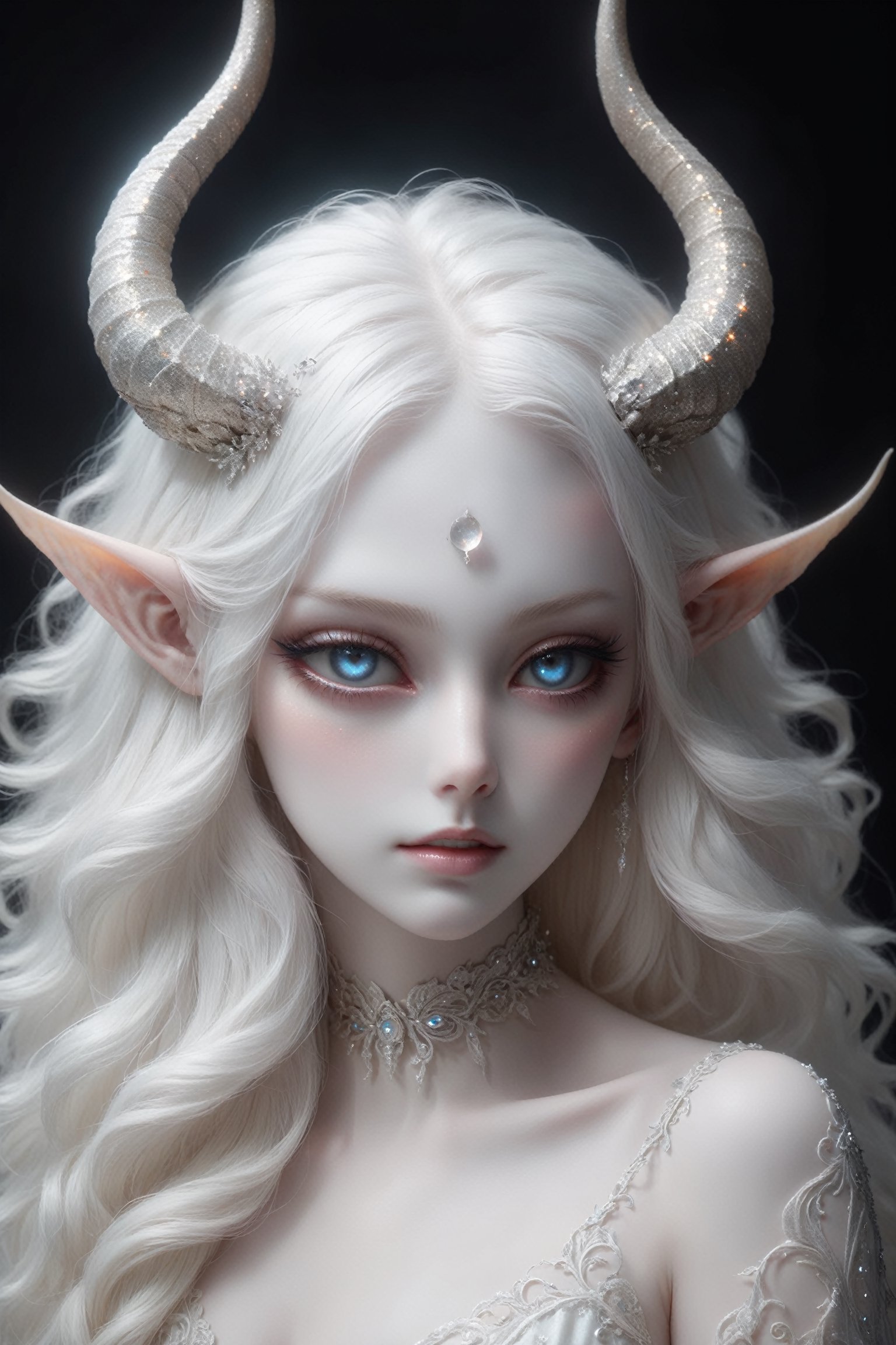(upper body), (long intricate horns:1.2), sensual albino demon girl with enchantingly beautiful, alabaster skin, {{{naked breasts}}}, thinking, thoughtful, A benevolent smile, girl has beautiful deep eyes, soft expression, Depth and Dimension in the Pupils,  Her porcelain-like white skin reflects an almost celestial glow, highlighting her ethereal nature, ornate jewels, the scene is Illuminated with soft enchanting light to accentuate the magical and mysterious atmosphere, goth person, realistic, Wonder of Art and Beauty, ghost person,ghost person,F41Arm0rXL ,DonMM4g1cXL ,glitter