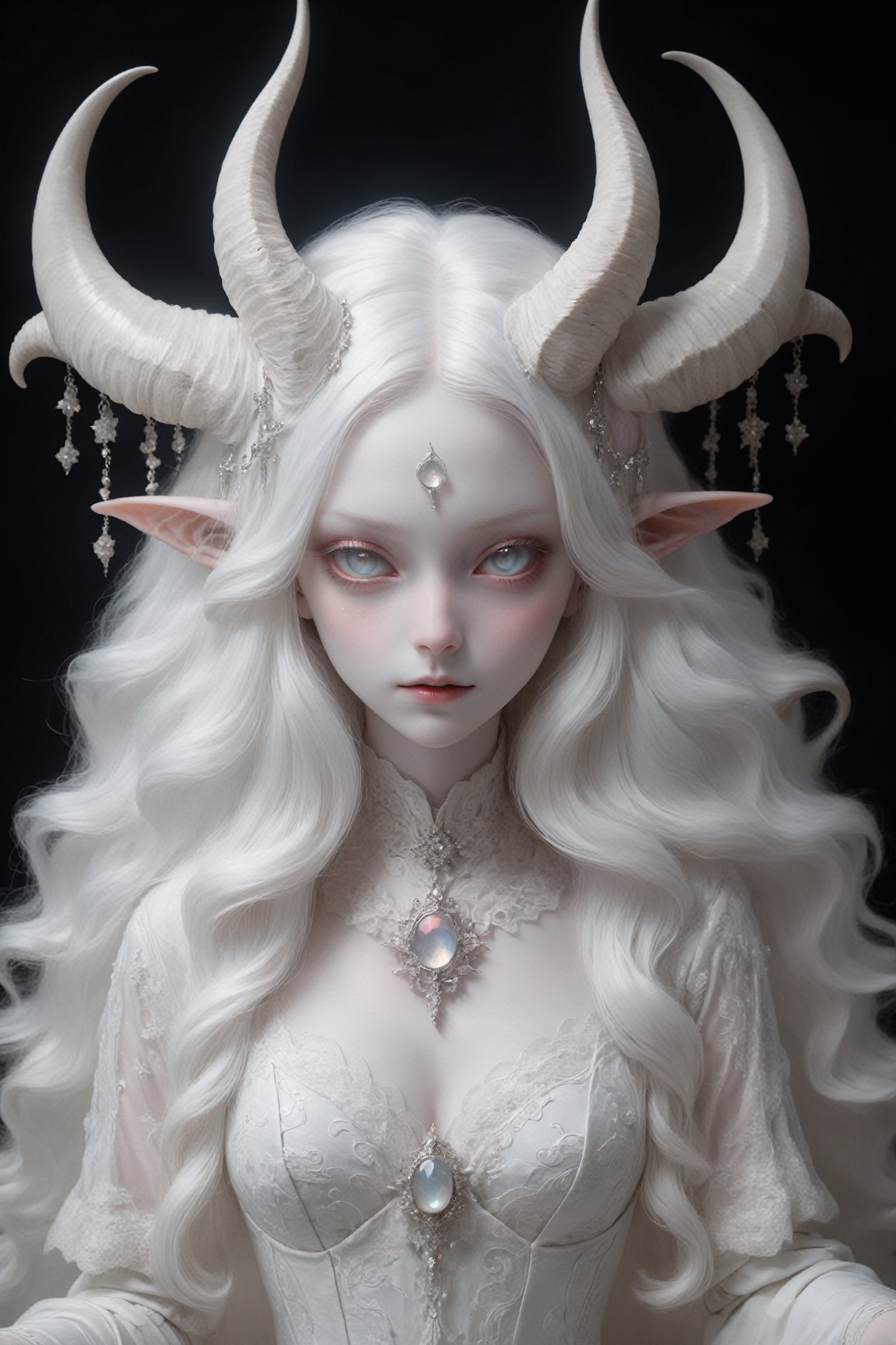 (full body),(long intricate horns:1.2), albino demon girl with enchantingly beautiful, alabaster skin, thinking, thoughtful, A benevolent smile, girl has beautiful deep eyes, soft expression, Depth and Dimension in the Pupils, Her porcelain-like white skin reflects an almost celestial glow, highlighting her ethereal nature, Every detail of her divine lace costume is meticulously crafted, adorned with jewels that sparkle with a divine radiance, mysterious smoky background, an aura of supernatural allure, ornate jewels, mesmerizing dance of light that enhances her divine presence, moonlit garden, mystical realm, the scene Illuminated  with soft enchanting light to accentuate the magical and mysterious atmosphere, goth person, realistic, Wonder of Art and Beauty, ghost person